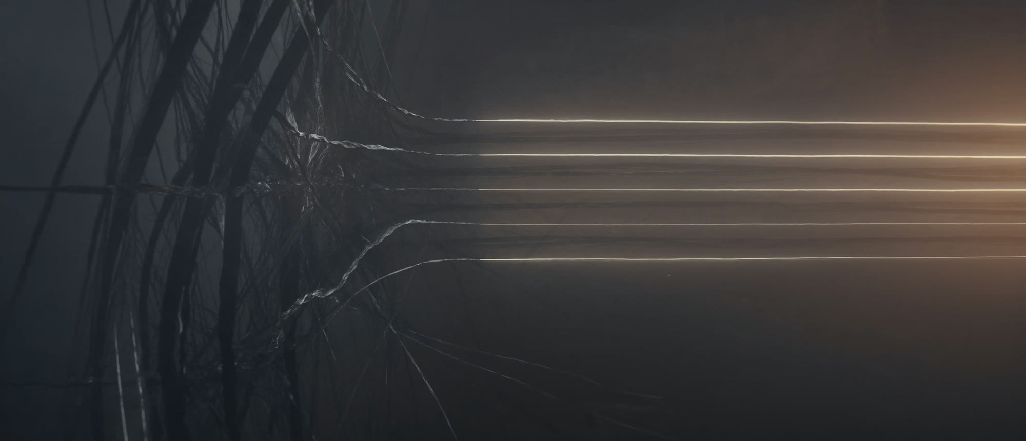 Tangled threads on the left resolving into calm parallel lines of light on the right